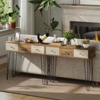 Tavolo Consolle con 3 Cassetti e Gambe in Acciaio, Stile Bohemien, Legno Naturale