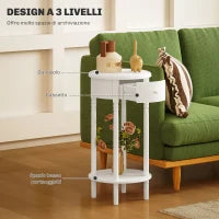 Set 2 Comodini con Cassetto e Ripiano in Legno Stile Contemporaneo, Ø35.5 x 71 cm, Bianco