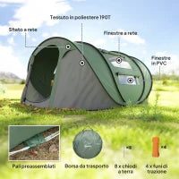 Tenda da Campeggio Pop Up 2 Posti con 2 Porte, 4 Finestre e Telo Impermeabile, 263.5x220x123 cm, Verde Scuro