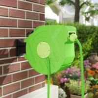 Outsunny Avvolgitubo da Giardino Retrattile con Tubo dell'Acqua 15 m, Rullo Avvolgitubo da Parete Girevole a 180°, Avvolgitubo Automatico Tubo da Giardino per Irrigazione in plastica, Verde