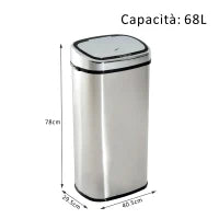 Pattumiera Cestino dei Rifiuti in Acciaio Inox con Sensore a Infrarossi 68L, Rettangolare, Argento