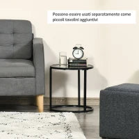 Set di 2 Tavolini da Salotto Rotondi Impilabili in Acciaio ed Effetto Marmo, Nero