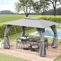 Gazebo da Giardino 4x3m con Doppio Tettuccio, Pareti in Poliestere e Struttura in Acciaio, Grigio