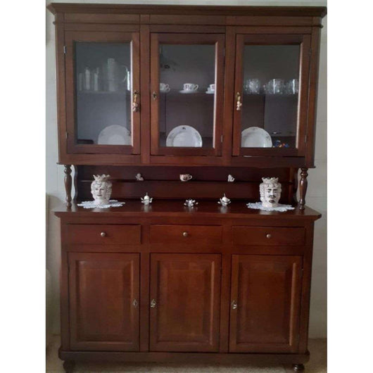 Cristalliera 6 ante 3 cassetti arte povera in legno massello e mdf con rifinitura in noce 150x43x218 H