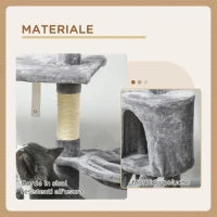 Torre per Gatti con Casetta, Trespolo, Piattaforme e 4 Topolini, in Legno, Peluche e Sisal, 50x35x134.2 cm, Grigio