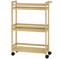 Scaffale da Bagno in Bambù a 3 Livelli con Ruote, Carrello per Cucina, Bagno, Soggiorno, Naturale
