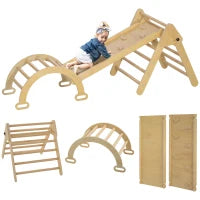 Struttura per Arrampicata per Bambini 5 in 1 in Legno, Pieghevole, con Rampa e Arco, 178x64,5x63 cm Legno Naturale