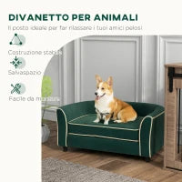 Divano per Cani Taglia Piccola e Media con Cuscino, in Tessuto Effetto Velluto e Legno, 79x56x35 cm, Verde Scuro