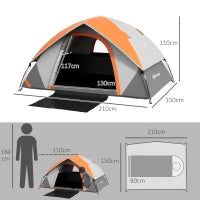 Tenda da Campeggio 2 Posti con Finestra a Rete e Gancio, in Poliestere, 210x150x110 cm, Grigio e Arancione