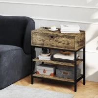 Tavolino da Divano con Cassetto e 2 Ripiani Stile Industriale, in Legno e Metallo, 60x30x66.5 cm, Nero e Marrone