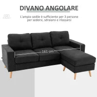 Divano 3 Posti ad Angolo con Penisola Reversibile e Cuscini, in Tessuto Effetto Lino, 193x136x85 cm, Nero