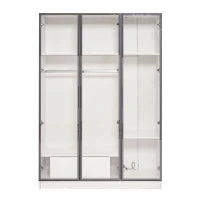 Armadio Spazioso con 3 Ante in Vetro, 1 Cassetto e 1 Asta Appendiabiti, Illuminazione LED Integrata, 110x50x160 cm, Bianco