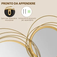 Decorazione Murale 3D in Metallo, Wall Art a Cerchi con Specchi 107x56cm, Oro