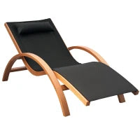 Lettino Prendisole Chaise Longue con Poggiatesta in Legno e Tessuto a Rete, 165x72x86cm