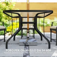 Tavolo da Giardino Quadrato a 4 Posti con Piano in Vetro e Foro per Ombrellone Ø54 mm, Nero