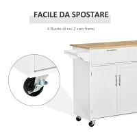 Carrello da Cucina Multiuso in Legno con 2 Cassetti, 3 Antine e 4 Ruote 121x46x91cm - Bianco