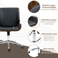 Sedia da Ufficio Vintage Imbottita, in Finta Pelle, Legno e Acciaio, 53x60x86-96 cm, Nero e Marrone Scuro