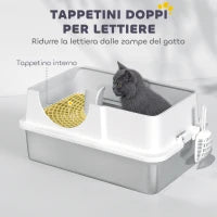 Lettiera per Gatti Chiusa con 2 Tappetini, in Acciaio Inox, ABS e PP, 60.5x40.5x42 cm, Bianca e Argento
