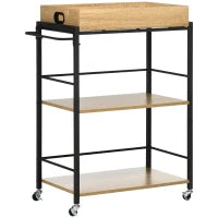 Carrello da Cucina a 3 Ripiani con Vassoio Rimovibile e Ruote Girevoli, 72x40x94cm, Legno e Nero