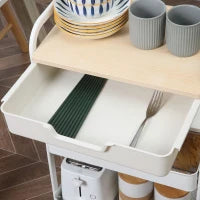 Carrello da Cucina con 2 Ripiani, Cassetto, Piano Aspetto Legno Chiaro, Acciaio e PP, Bianco