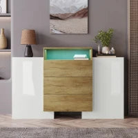 Credenza Moderna con 2 Ante, 2 Ripiani e 3 Cassetti, con Illuminazione a LED, 140x30x77.5 cm, Bianco e Color Legno Naturale