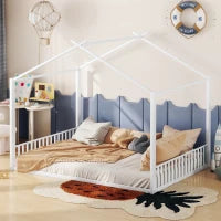 Letto Montessori a Forma di Casa con Struttura in Metallo e MDF, Letto per Cameretta per Bambini 4+ Anni, Senza Materasso, 140×200 cm, Bianco
