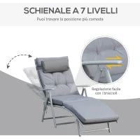 Sdraio da Giardino Pieghevole con Materassino e Cuscino, Schienale con 7 Reclinazioni, 137x63.5x100.5cm, Grigio