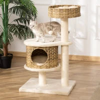 Albero Tiragraffi per Gatti con Cuccia e Casetta in Rattan e Pali in Sisal, 55x47x95cm, Beige