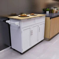 Carrello da Cucina Multiuso in Legno con 2 Cassetti, 3 Antine e 4 Ruote 121x46x91cm - Bianco