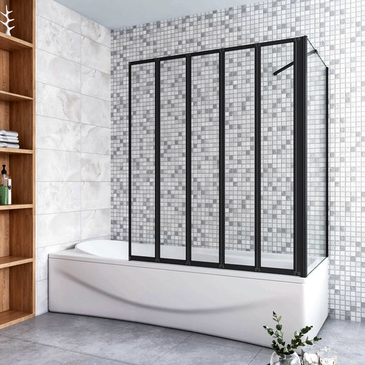Parete Vasca Doccia 120x75cm Sopravasca Angolare 5 Ante Pieghevoli Vetro Temperato Trasparente da 4 mm con Parete Laterale da 6 mm H.140cm Telai Neri Opachi