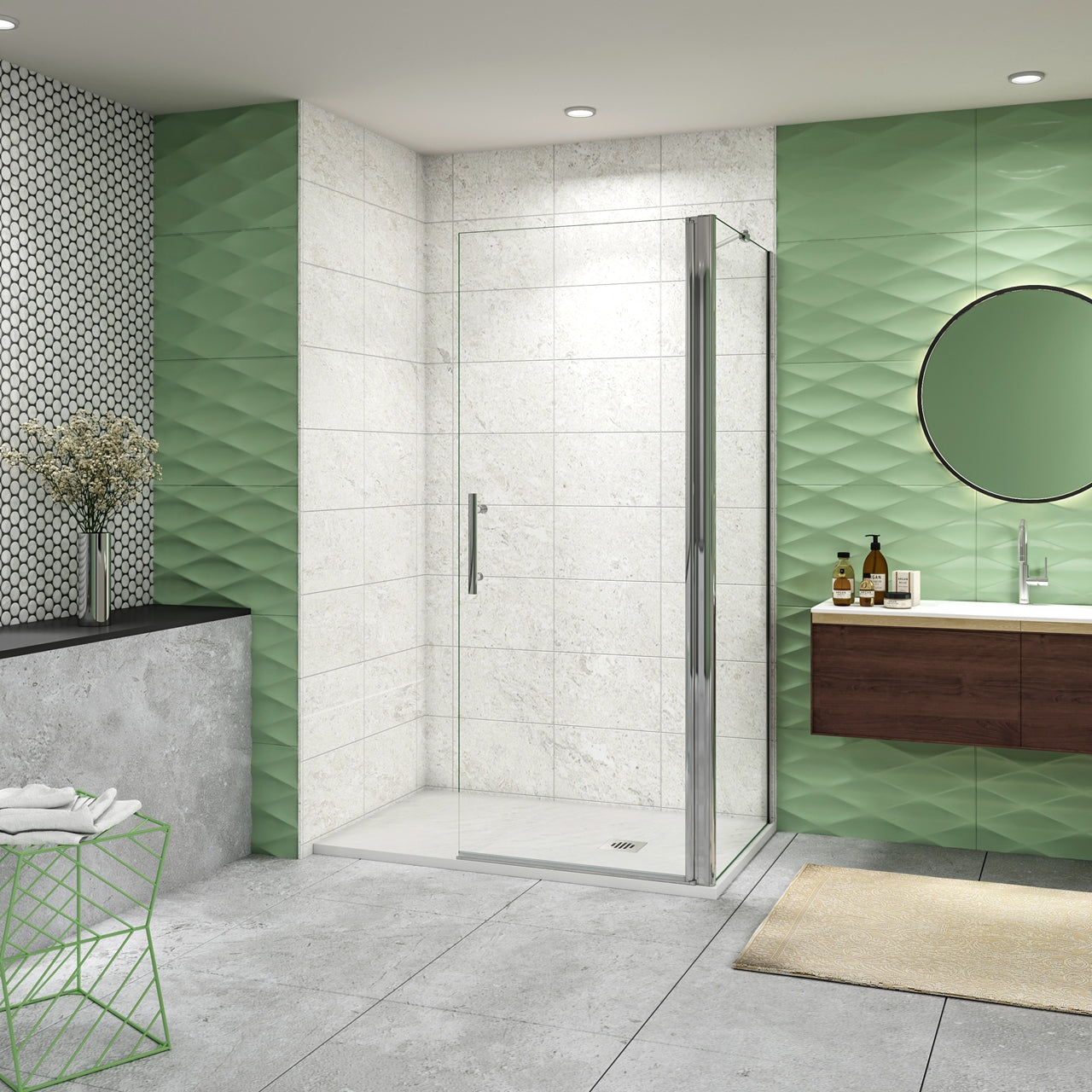 195 cm Box Doccia Walk In Porta Battente 87 cm + Parete Fissa 80 cm Vetro 6mm Anticalcare Barra da 45 cm Cromo Lucido