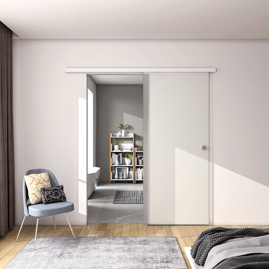 90x225 cm Porta Scorrevole in Vetro da 8 mm Temperato Opaco con Pellicola Anti-frantumi con Binario in Alluminio Bianco Verniciato