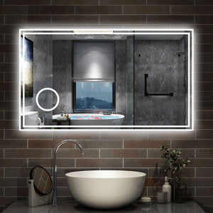 120 x 70 cm,AICA Specchio da Bagno LED con Luce, 3 Colori Regolabili,Ingrandimento, orologio,memoria, antiappannamento,CRI>90,autospegnimento