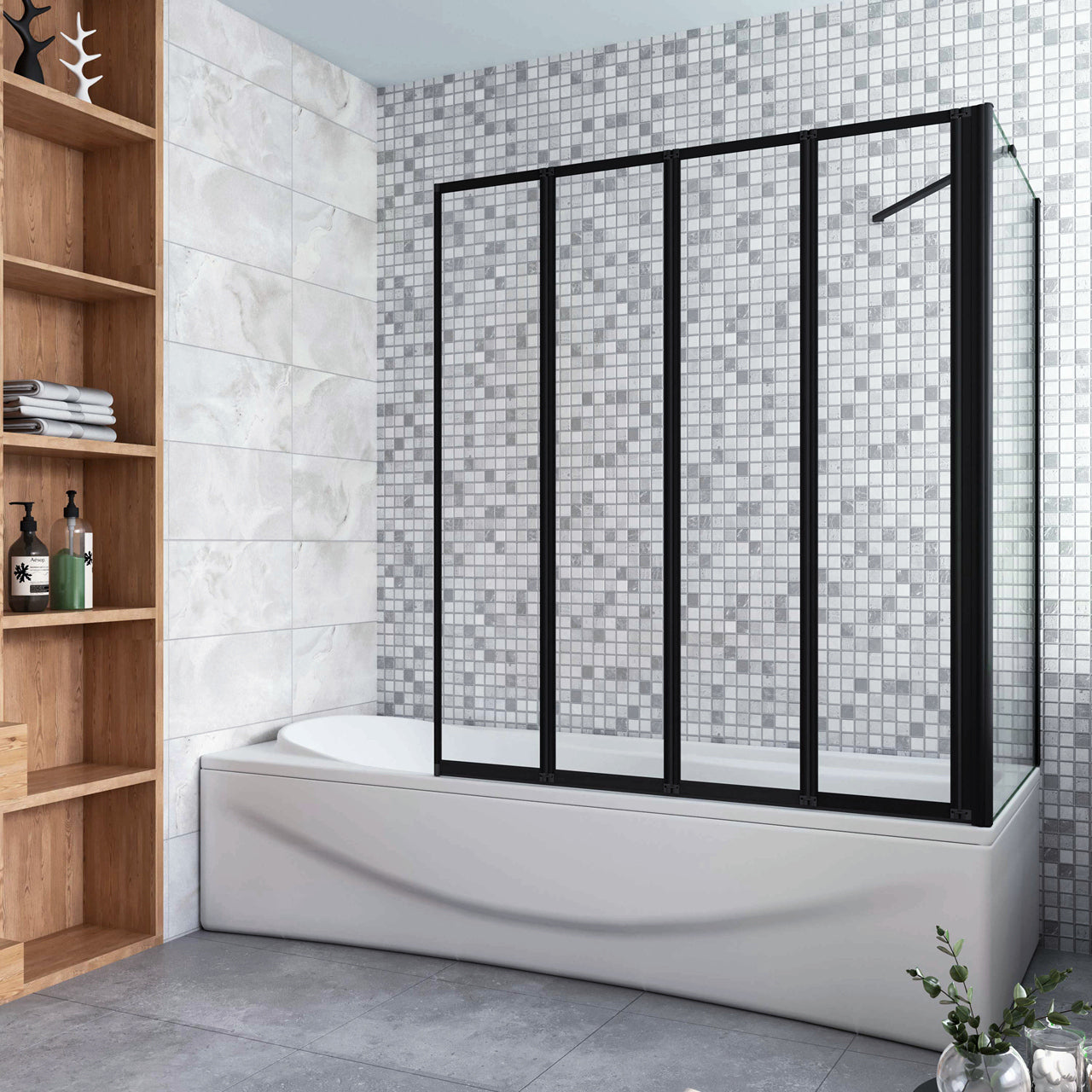 Parete Vasca Doccia 90x75cm Sopravasca Angolare 4 Ante Pieghevoli Vetro Temperato Trasparente da 4 mm con Parete Laterale da 6 mm H.140cm Telai Neri Opachi