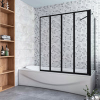 Parete Vasca Doccia 90x75cm Sopravasca Angolare 4 Ante Pieghevoli Vetro Temperato Trasparente da 4 mm con Parete Laterale da 6 mm H.140cm Telai Neri Opachi