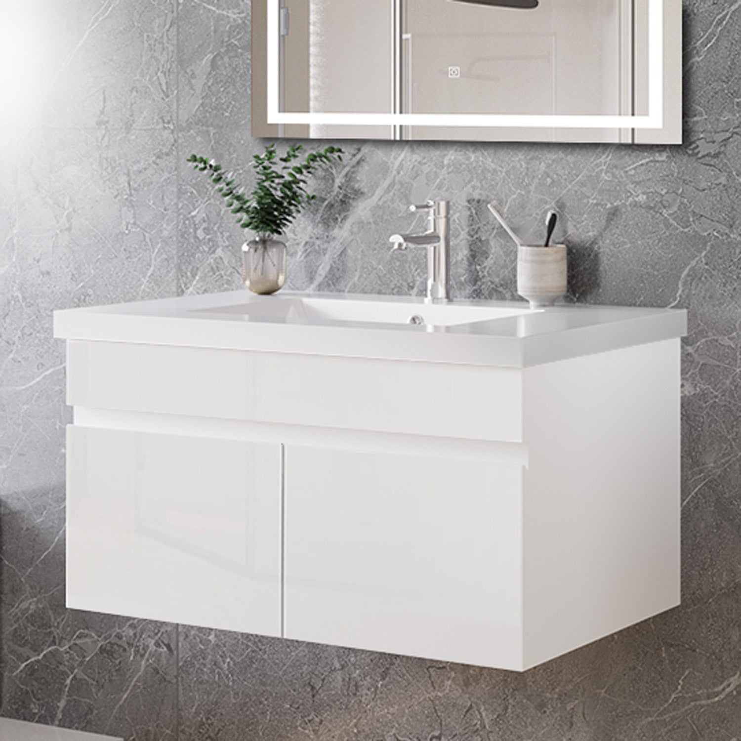 Mobile bagno sospeso con lavabo da incasso 79 cm,bianco, 2 ante.