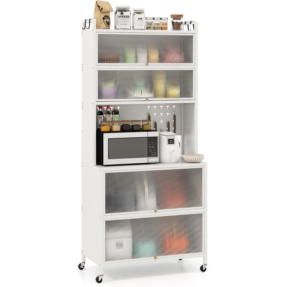 Armadio cucina 6 livelli buffet credenza, Porte ribalta supporto microonde pannello forato ganci Bianco-Credenze buffet