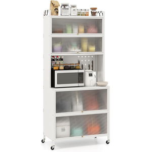 Armadio cucina 6 livelli buffet credenza, Porte ribalta supporto microonde pannello forato ganci Bianco-Credenze buffet