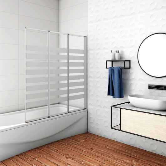 130x140 cm Parete Vasca da Bagno Doccia 3 Ante Pieghevoli a Libro Montaggio Verso Destro Vetro 4 mm Temperato Fasce Bianche Opache Telaio Argento Opaco