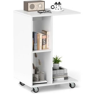 Tavolino a forma di c ruote universali bloccabili-Tavolino stretto con ripiani di stoccaggio Bianco