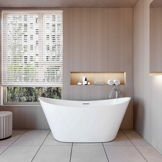 Vasca da Bagno a Isola Freestanding in Acrilico da 150x72x65 cm, Colore Bianco, Forma di Barca Ovale