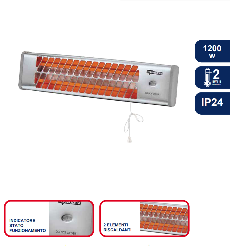 Stufa Infrarossi Riscaldamento Alogena Elettrica TERMOZETA TZR04 Stufetta da Parete