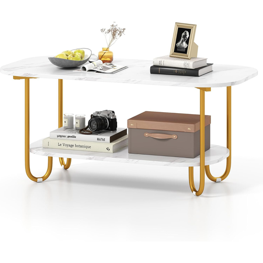 Tavolino da caff¨¨ con piano in marmo finto, Tavolo da t¨¨ a 2 piani con struttura in metallo Bianco + Dorato-Tavolini