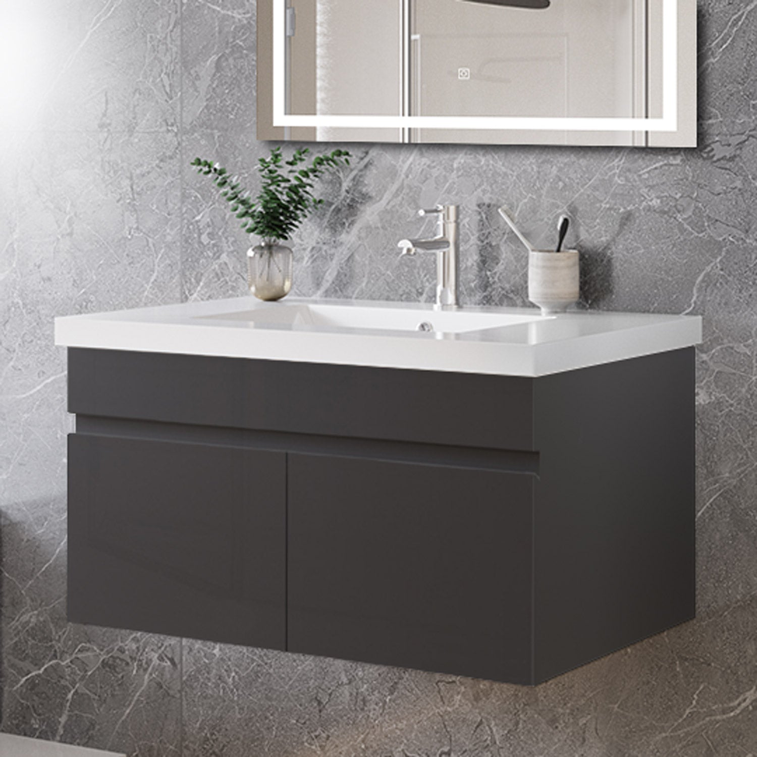 Mobile bagno sospeso con lavabo da incasso 79 cm,bianco, 2 ante.