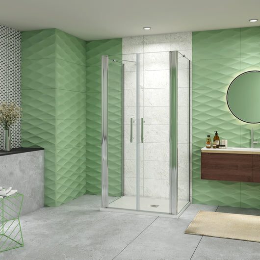 185 cm Box Doccia a Tre Lati Porta Battente Saloon 120 cm Doppia Parete Fissa 90 cm Vetro da 6 mm Temperato Anticalcare Barra Stabilizzatrice 45 cm Cromo Lucido