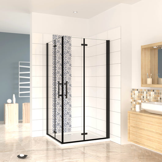 190 cm Box Doccia Angolare Doppia Porta Battente Pieghevole 80x90 cm in Vetro Temperato Trasparente 5 mm Anticalcare Telaio Nero Opaco