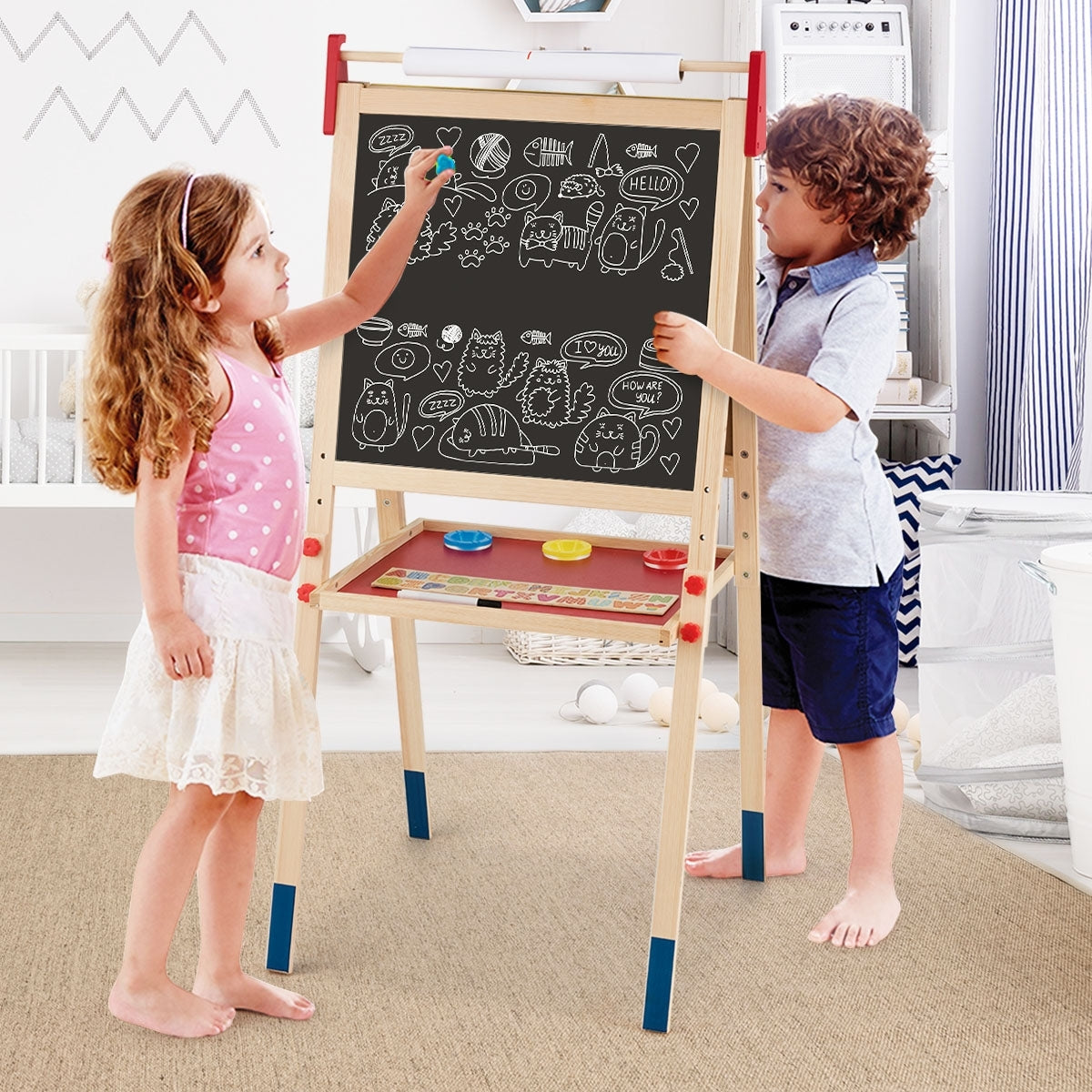 Cavalletto per bambini 3 in 1 in legno con accessori completi, Lavagna e lavagna bianca double face regolabili 50x47cm-Cavalletti e lavagne bambini