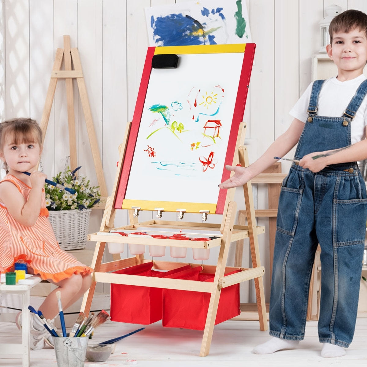 Cavalletto per bambini 3 in 1 in legno con accessori completi, 39x59cm Lavagna e lavagna bianca double face-Cavalletti e lavagne bambini