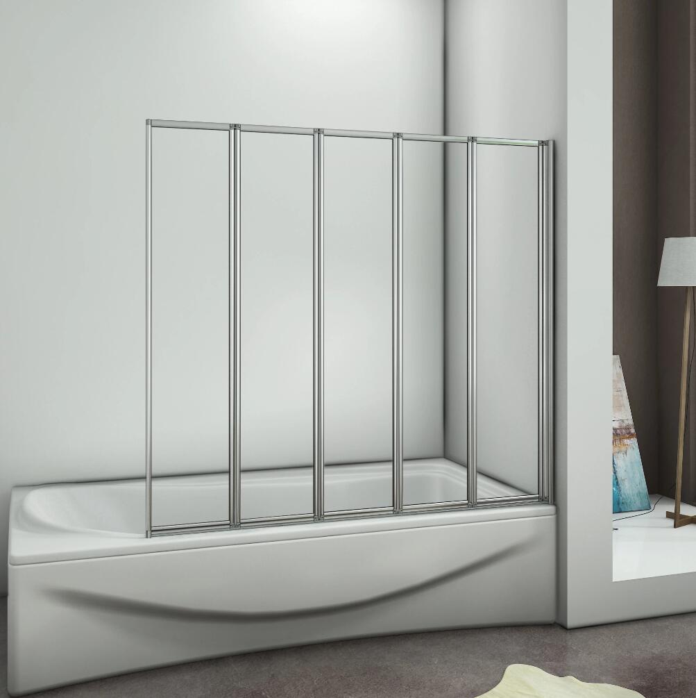 120x140 cm Sopravasca Parete Per Vasca Pieghevole a Libro 5 Antine Vetro Temperato Trasparente 4 mm Telaio Con Processo Di Elettroforesi