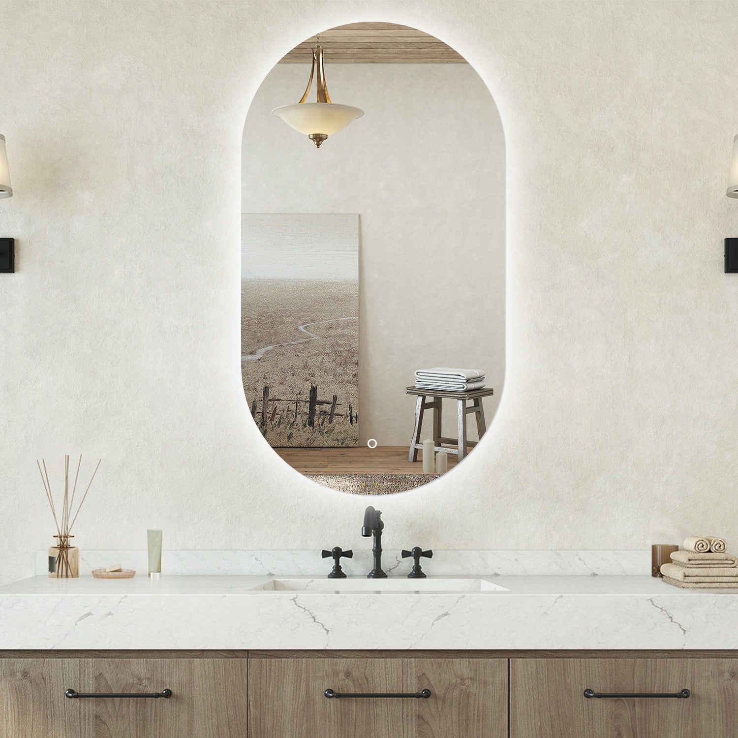 Specchio bagno ovale 45x75 cm con led. Dimmerabile + Touch Control + Bordo non sabbiato + IP44